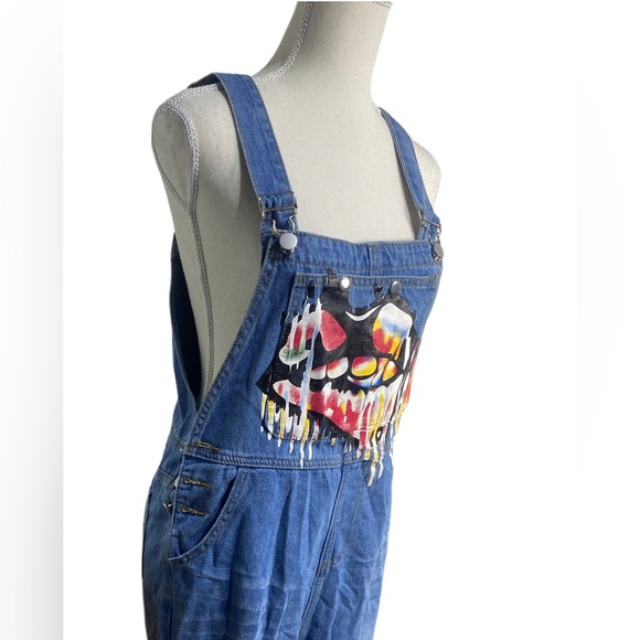 Lip Distressed Pocket Denim Overalls Mislook Boho Hippie Style Size - Picture 2 of 3